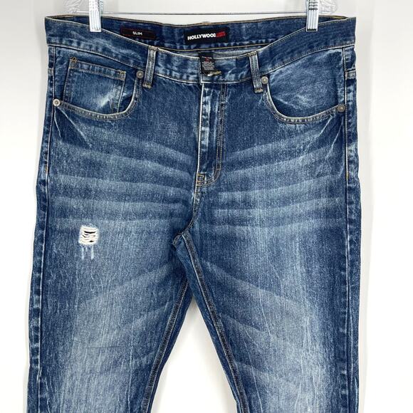 Hollywood The Jean People Slim Fit Distressed Blue Jeans Men's Size 36x30 - Picture 3 of 7